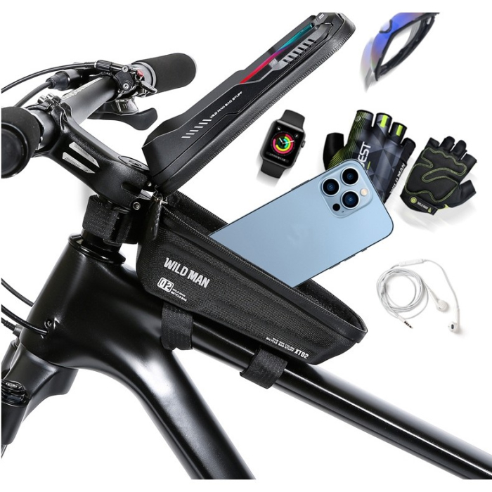 Borseta pentru bicicleta cu suport de telefon , capcitate 1L, 20.5x11.1x10.5 cm, cu spatiu de stocare, protectie waterproof, ecran tactil, fixare in 3 locuri, protectie lumina, orificiu casti, negru [6]