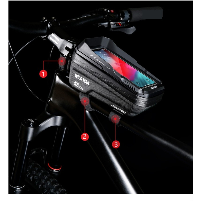 Borseta pentru bicicleta cu suport de telefon , capcitate 1L, 20.5x11.1x10.5 cm, cu spatiu de stocare, protectie waterproof, ecran tactil, fixare in 3 locuri, protectie lumina, orificiu casti, negru [2]