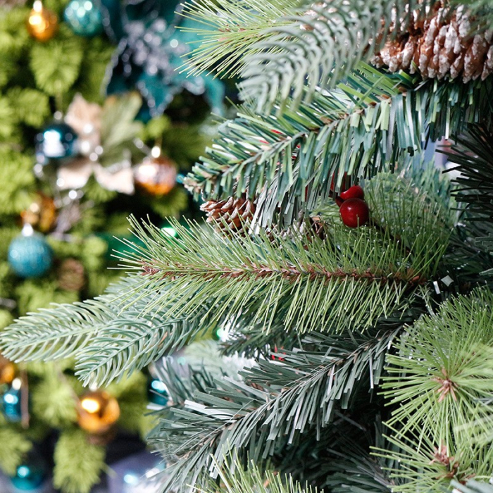 Brad artificial de Craciun, decorat cu conuri pin rosii, pentru interior/exterior, inaltime 150 cm, diametru 104 cm, 323 ramuri, , verde, suport metalic inclus [7]