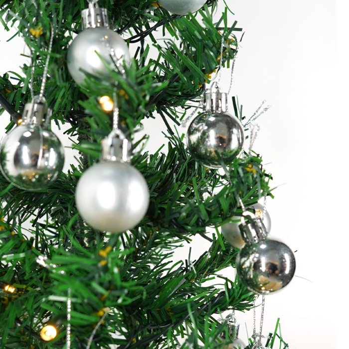 Brad Artificial Impodobit, 60 cm, suport plastic cu instalatie luminoasa 20 LED alb cald + 20 globuri argintii incluse,  [5]
