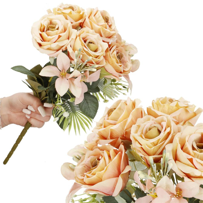 Buchet de flori artificiale din poliester, 9 fire trandafiri, 40cm, roz [5]