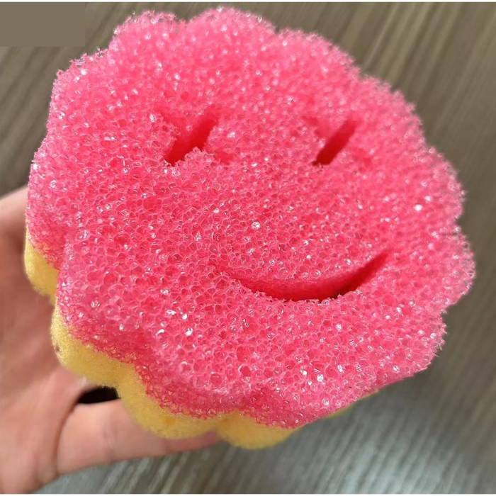 Burete de Vase, , Rotund, din Burete PU, Model Smiley Face, Doua Fete, 10 x 4 cm, Roz/Galben [3]