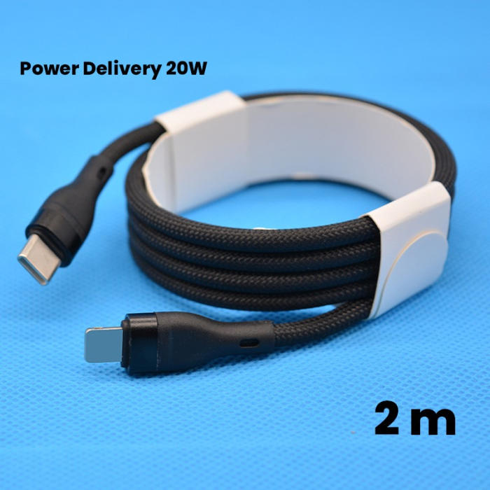 Cablu de Date impletit din Nailon, , Incarcare Rapida, Potrivit Compatibil cu iPhone, Cablu de Incarcare cu Power Delivery 20W, 2 m, Negru [2]