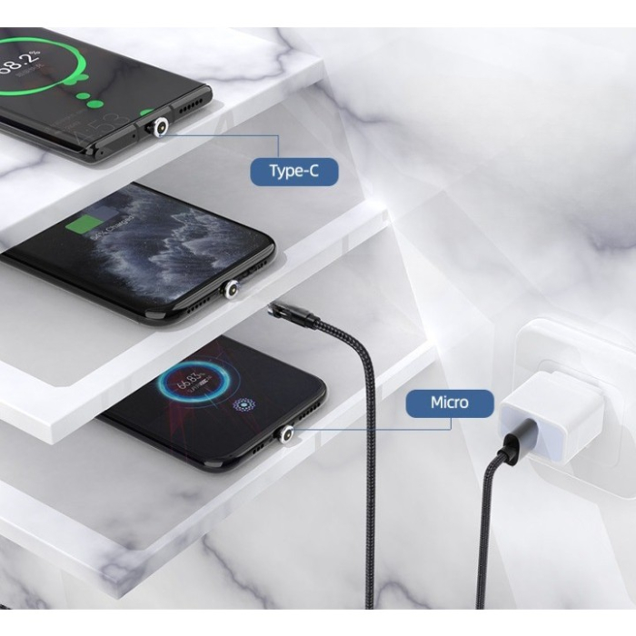 Cablu de incarcare magnetic 3 in 1 360 grade + 180 grade, 1 m, micro, type C, iPhone, 5 V, 2.1 A, Negru [5]