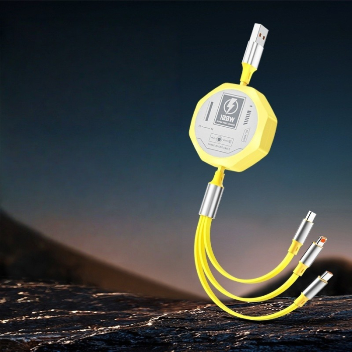 Cablu Retractabil 3in 1 pentru Telefon, , Cablu de incarcare rapida 100W, stil Mecha, potrivit pentru Auto, Universal 1.2M, Galben [2]