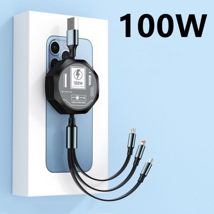 Cablu Retractabil 3in 1 pentru Telefon, , Cablu de incarcare rapida 100W, stil Mecha, potrivit pentru Auto, Universal 1.2M, Negru [5]