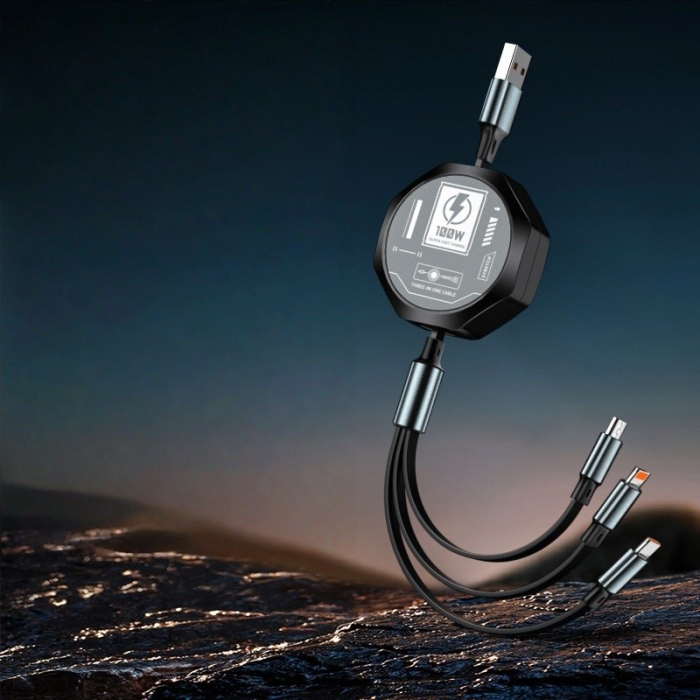 Cablu Retractabil 3in 1 pentru Telefon, , Cablu de incarcare rapida 100W, stil Mecha, potrivit pentru Auto, Universal 1.2M, Negru [2]