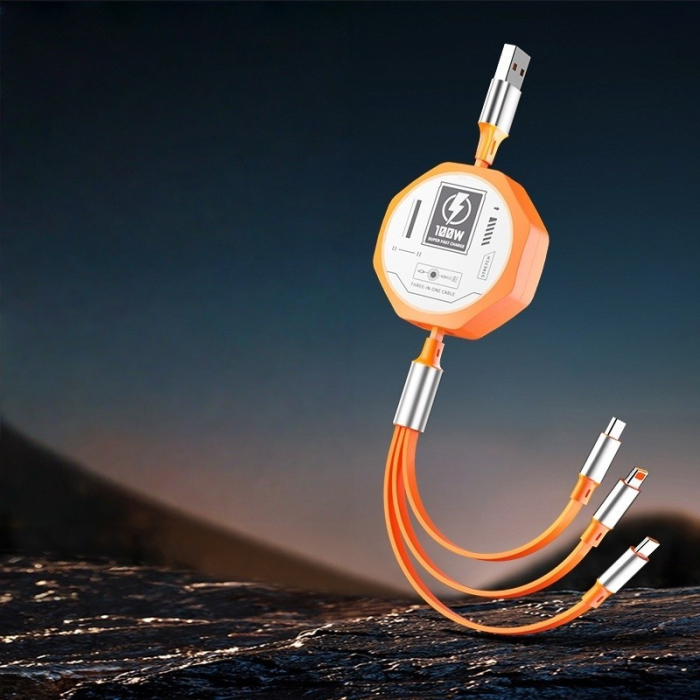 Cablu Retractabil 3in 1 pentru Telefon, , Cablu de incarcare rapida 100W, stil Mecha, potrivit pentru Auto, Universal 1.2M, Portocaliu [2]