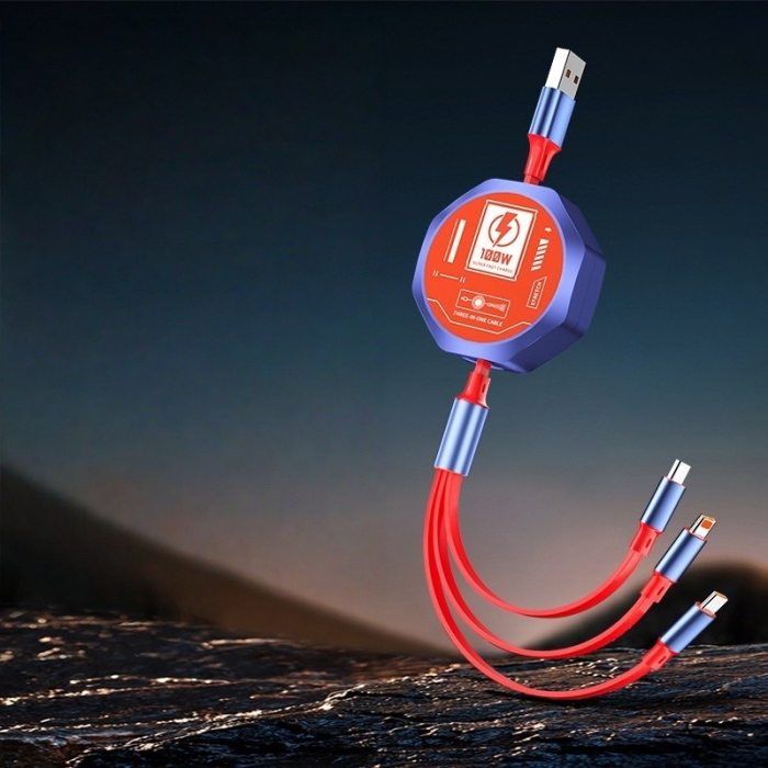 Cablu Retractabil 3in 1 pentru Telefon, , Cablu de incarcare rapida 100W, stil Mecha, potrivit pentru Auto, Universal 1.2M, Rosu Albastru [2]
