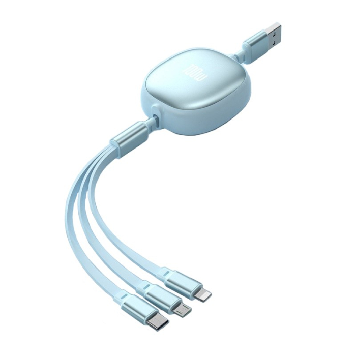 Cablu Retractabil Universal pentru Telefon, , Universal 3in1 pentru Orice Tip de Telefon, Micro-USB, Lightning, TYPE-C, 1.2M, Albastru deschis [1]