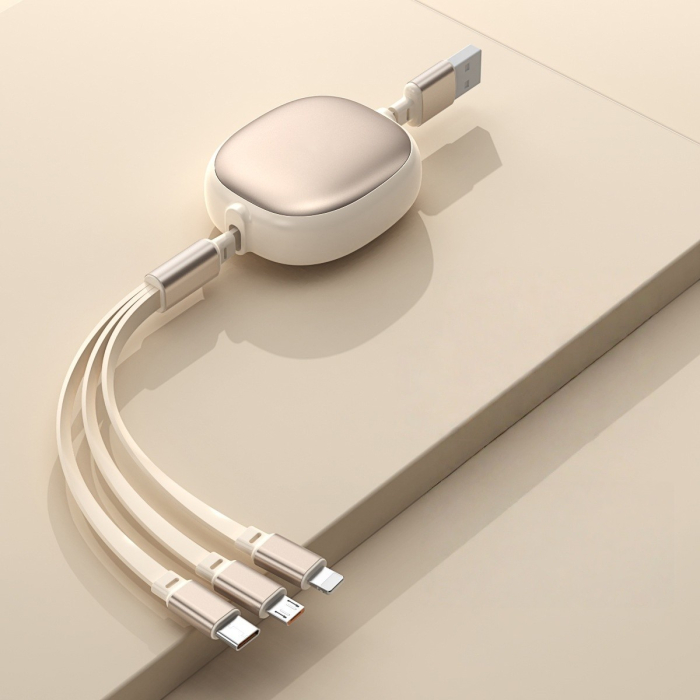 Cablu Retractabil Universal pentru Telefon, , Universal 3in1 pentru Orice Tip de Telefon, Micro-USB, Lightning, TYPE-C, 1.2M, Bej [2]