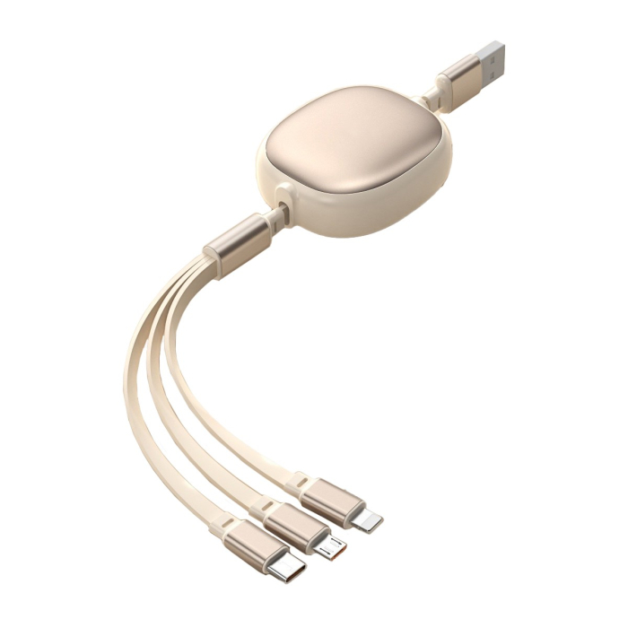 Cablu Retractabil Universal pentru Telefon, , Universal 3in1 pentru Orice Tip de Telefon, Micro-USB, Lightning, TYPE-C, 1.2M, Bej [1]