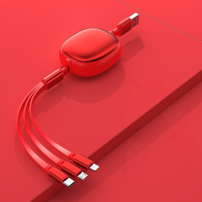 Cablu Retractabil Universal pentru Telefon, , Universal 3in1 pentru Orice Tip de Telefon, Micro-USB, Lightning, TYPE-C, 1.2M, Rosu [2]