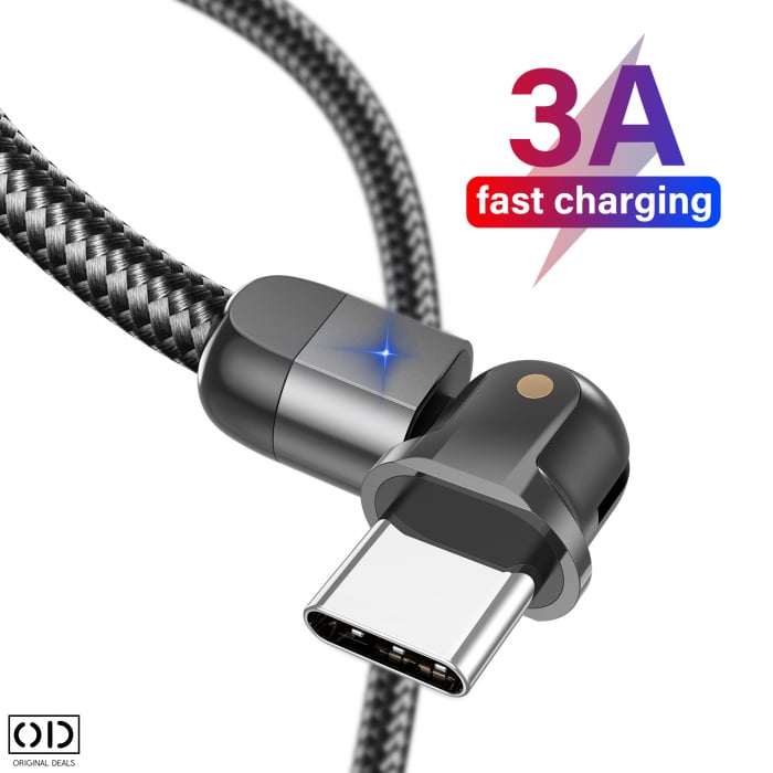 Cablu USB cu Mufa USB C cu Transfer de Date 480Mbs si Incarcare Fast Charge 3A, Material Textil Negru Premium [16]