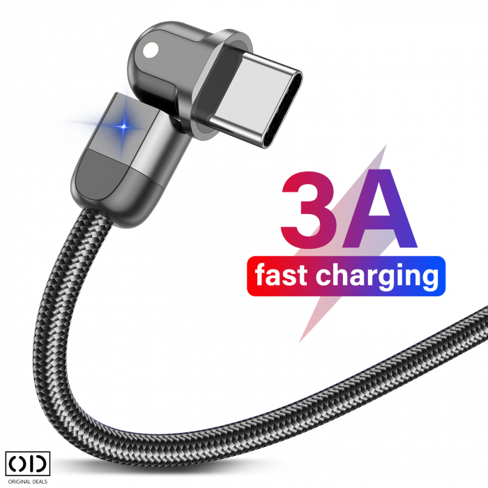 Cablu USB cu Mufa USB C cu Transfer de Date 480Mbs si Incarcare Fast Charge 3A, Material Textil Negru Premium [2]