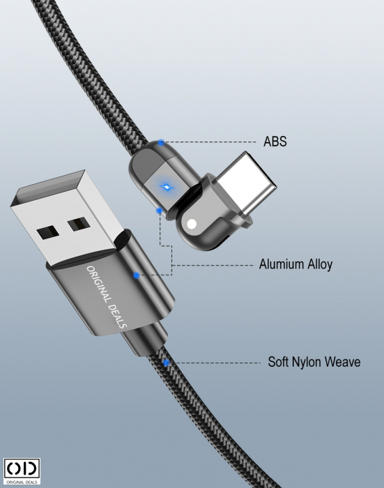 Cablu USB cu Mufa USB C cu Transfer de Date 480Mbs si Incarcare Fast Charge 3A, Material Textil Negru Premium [26]
