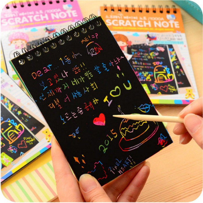 Caiet cu fise razuibile , DIY Magic Scratch, 12 File, Curcubeu, Creion din Lemn, Cartonase negre, 14.5 x 10 cm, roz [10]