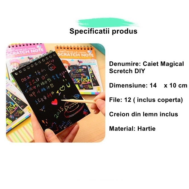 Caiet cu fise razuibile , DIY Magic Scratch, 12 File, Curcubeu, Creion din Lemn, Cartonase negre, 14 x 10 cm, galben [2]