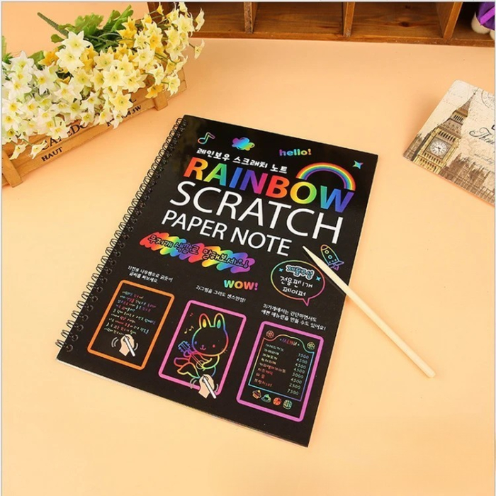 Caiet cu Foi de Hartie de Razuit, , cu Un Stilou din Bambus, pentru Desen, Curcubeu, 19 x 26 cm, Negru [4]