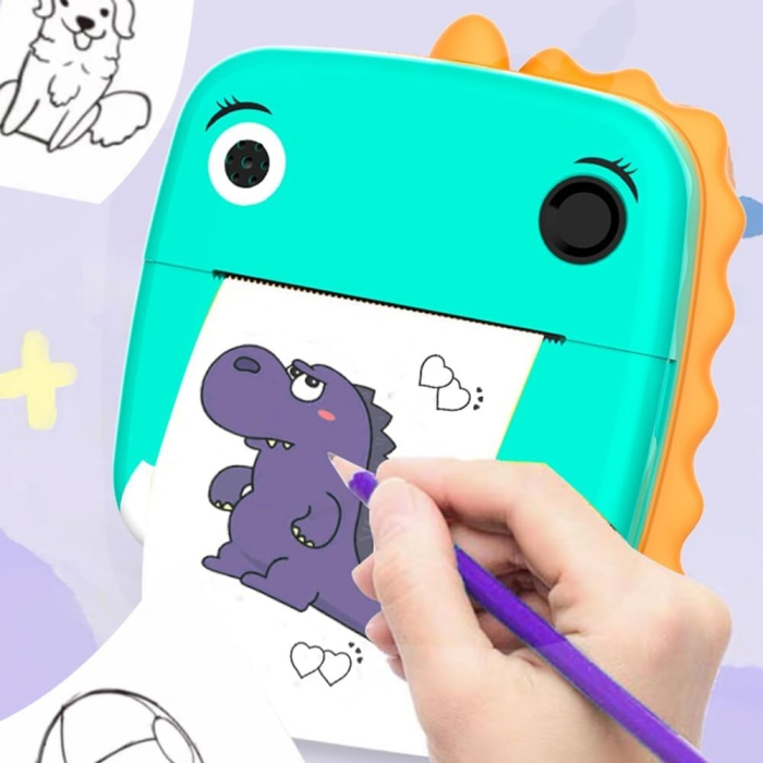 Camera Instantanee pentru Copii, , Camera Frontala + Selfie, cu Functie de Printare, Cablu USB-C, Bluetooth, Compatibil iOS/Android, Model Dinozaur, Snur Inclus, Verde [2]