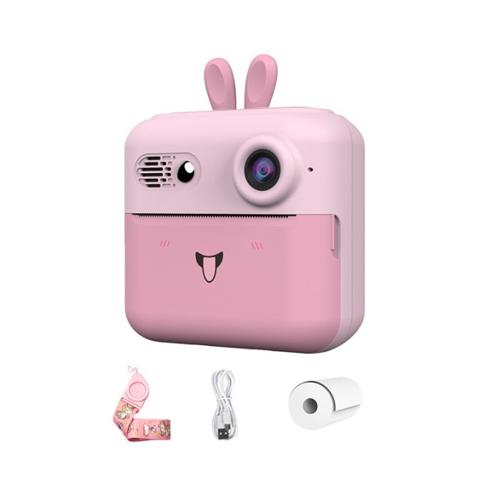 Camera Instantanee pentru Copii, , cu Functie de Printare, Cablu USB-C, Bluetooth, Compatibil iOS/Android, Imprimare APP, Model Iepure, Snur de Agatat Inclus, Roz [2]
