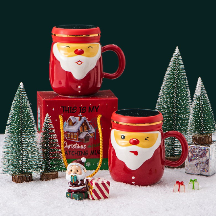 Cana Ceramica tematica Mos Craciun , 430 ml, capac tip oglinda, ambalaj cadou inclus, fete random, 8 x 11.5, rosu [4]