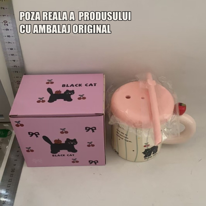 Cana din Ceramica cu Capac si Pai, , Capacul si Paiul din Silicon Roz, 9x8.5 cm, Model Cute A, Capacitate 380ml [5]