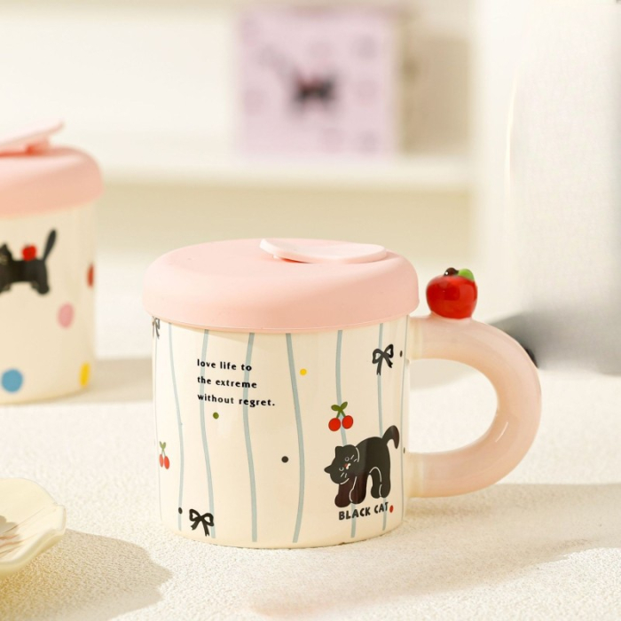 Cana din Ceramica cu Capac si Pai, , Capacul si Paiul din Silicon Roz, 9x8.5 cm, Model Cute A, Capacitate 380ml [4]