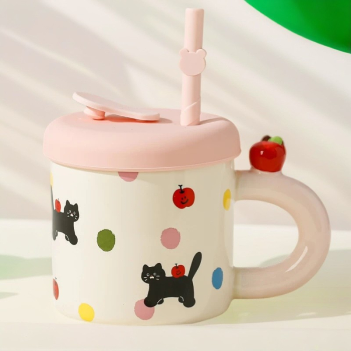 Cana din Ceramica cu Capac si Pai, , Capacul si Paiul din Silicon Roz, 9x8.5 cm, Model Cute B, Capacitate 380ml [4]