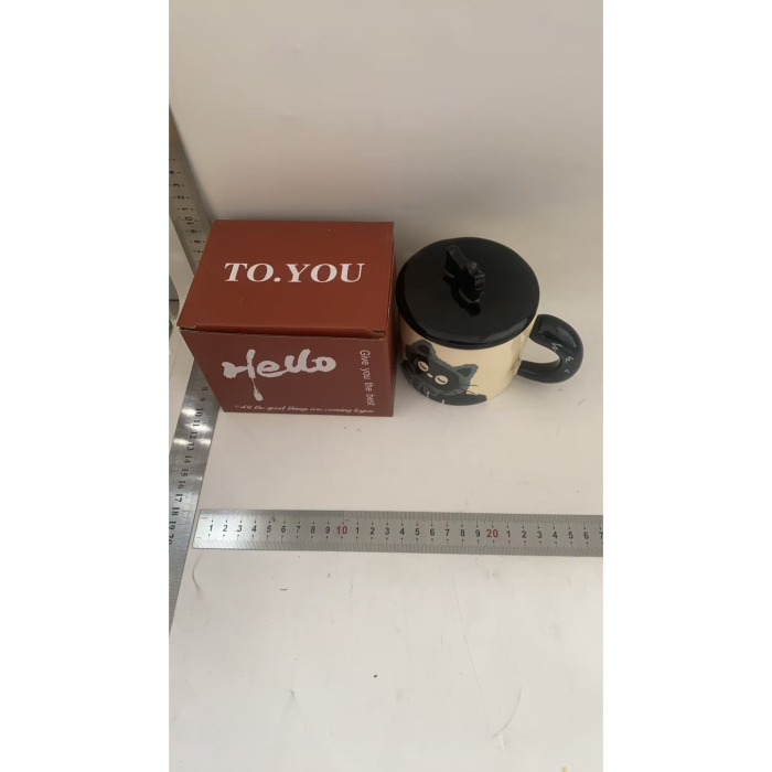 Cana din Ceramica, , Model in Cutie pentru Cadou, Cana pentru Ceai, Cafea, Cana Retro Design Capac cu Figurina 3D, 9.5 x 8 x 8 cm, 360 ml, Bej, Print Pisica Albastru Negru [4]