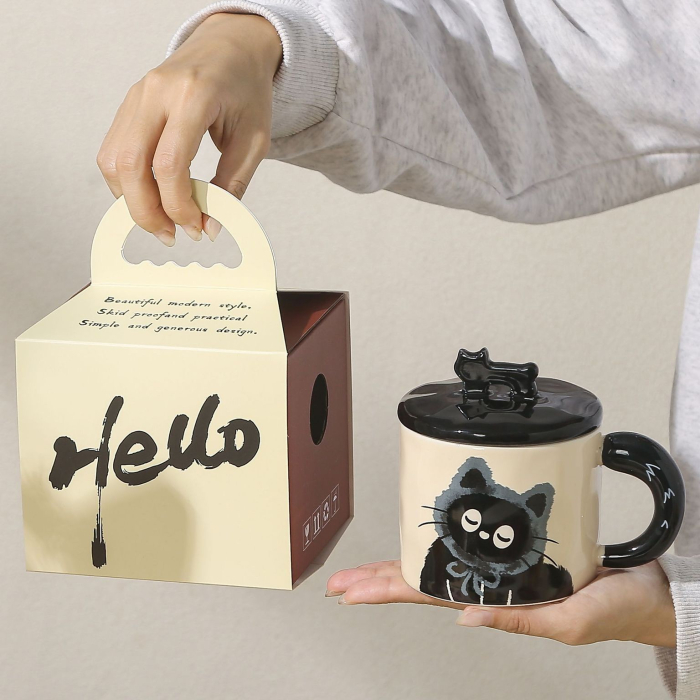 Cana din Ceramica, , Model in Cutie pentru Cadou, Cana pentru Ceai, Cafea, Cana Retro Design Capac cu Figurina 3D, 9.5 x 8 x 8 cm, 360 ml, Bej, Print Pisica Albastru Negru [3]