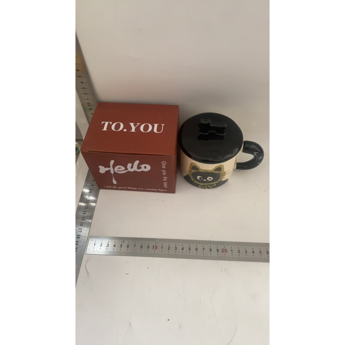 Cana din Ceramica, , Model in Cutie pentru Cadou, Cana pentru Ceai, Cafea, Cana Retro Design Capac cu Figurina 3D, 9.5 x 8 x 8 cm, 360 ml, Bej, Print Pisica Galben Negru [4]