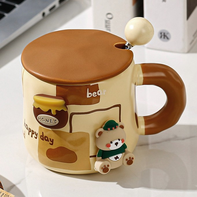 Cana din Ceramica, , Model Urs pentru Baieti, Cana Universala, Cana pentru Ceai, Cana cu Lingura Metalica si Capac, 9.6 x 9.5 x 9.5 cm, 400 ml Bej [3]