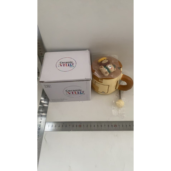 Cana din Ceramica, , Model Urs pentru Baieti, Cana Universala, Cana pentru Ceai, Cana cu Lingura Metalica si Capac, 9.6 x 9.5 x 9.5 cm, 400 ml Bej [4]