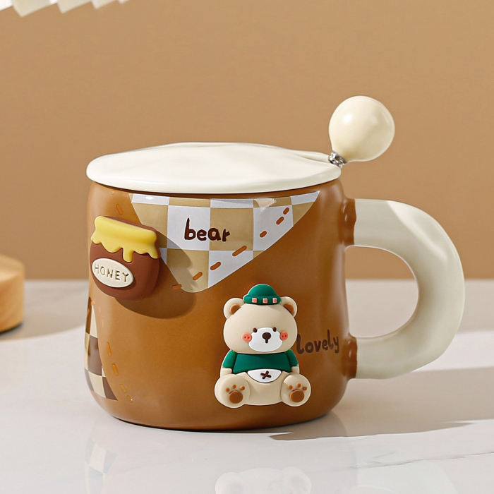 Cana din Ceramica, , Model Urs pentru Baieti, Cana Universala, Cana pentru Ceai, Cana cu Lingura Metalica si Capac, 9.6 x 9.5 x 9.5 cm, 400 ml Maro [2]