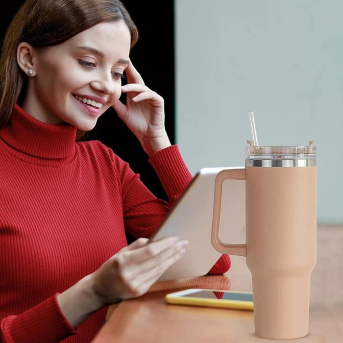 Cana Termos din Plastic, , pentru Bauturi Calde si Reci, cu Maner, 9.9x9.9x27 cm, Roz Pal [4]