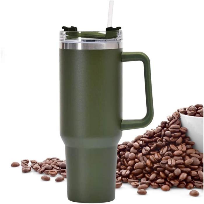 Cana Termos din Plastic, , pentru Bauturi Calde si Reci, cu Maner, 9.9x9.9x27 cm, Verde Army [3]