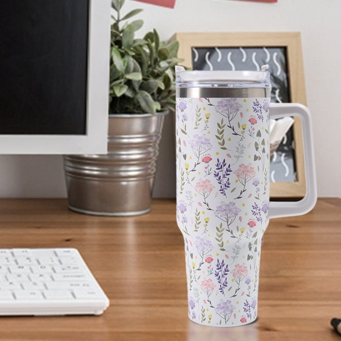 Cana Termos din Plastic, , pentru Bauturi Calde si Reci, cu Maner, Imprimeu Floral, Alb, 10x7.6x27.5 cm [5]