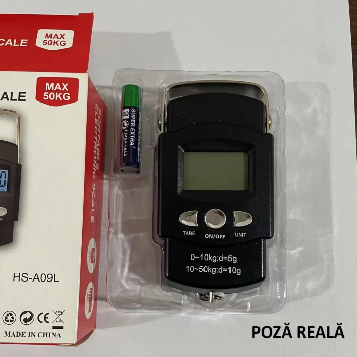 Cantar Digital de Mana cu Carlig, , Cantar Portabil, Pescuit, cu Maner, Capacitate 50 kg, cu Metru Incorporat, 20.5 x 6 x 2.5 cm, Negru [10]