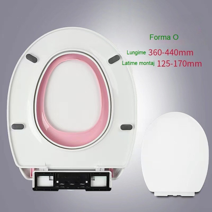 Capac de Toaleta cu Reductie 3 in 1, , pentru Copii +3 Ani si Adulti, Coborare Lenta si Silentioasa, Instalare Usoara, din PP5 , in Forma de O, Alb/Roz [8]