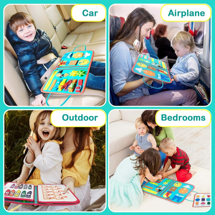 Carte Senzoriala Educativa Montessori, , cu Activitati, Dezvoltare Abilitati Motorii, 4 Pagini, Model Spatiu Cosmic, 28x22x7 cm, Albastru [6]