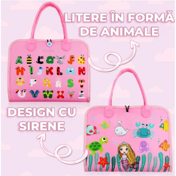 Carte Senzoriala Educativa Montessori, , Dezvoltare Abilitati Motorii, 3 Pagini, Model Sirena si Alfabet, 28x25x4 cm, Roz [6]