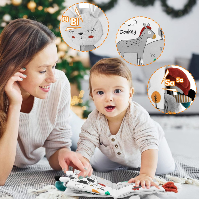 Carte Senzoriala, , pentru Bebelusi, 15x16x6 cm, cu Animalute, 3D, Cu Sunete si Fosnete, 0-3 Ani, Model Iepuras, Gri [2]