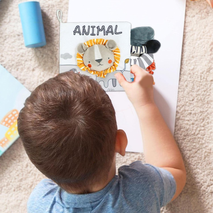 Carte Senzoriala, , pentru Bebelusi, 15x16x6 cm, cu Animalute, 3D, Cu Sunete si Fosnete, 0-3 Ani, Model Leu, Gri [4]