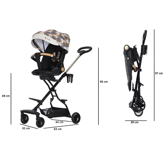 Carucior Sport 3in1, 6-36 Luni, Reversibil, Pliabil, Tavita pentru Masa, Pozitie de Somn, Centura de Siguranta, Roti 360, Suport Pahar, Copertina pentru Soare, 32x63x95cm, Maro Model Carouri [7]