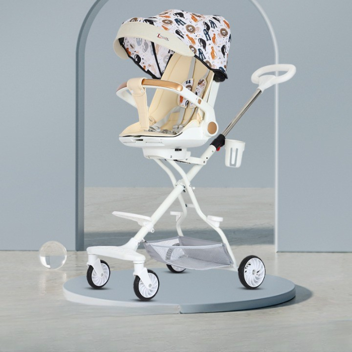 Carucior Sport 3in1, 6-36 Luni, Reversibil, Pliabil, Tavita pentru Masa, Pozitie de Somn, Centura de Siguranta, Roti 360, Suport Pahar, Copertina pentru Soare, 32x63x95cm, Crem Model Jungla [2]