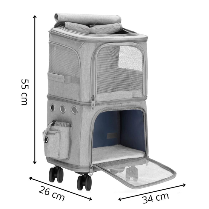 Carucior tip troller pentru transport animale, dublu cu 2 compartimente separate, maxim 22 kg, 55x34x26 cm, gri [19]