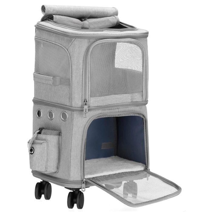 Carucior tip troller pentru transport animale, dublu cu 2 compartimente separate, maxim 22 kg, 55x34x26 cm, gri [4]