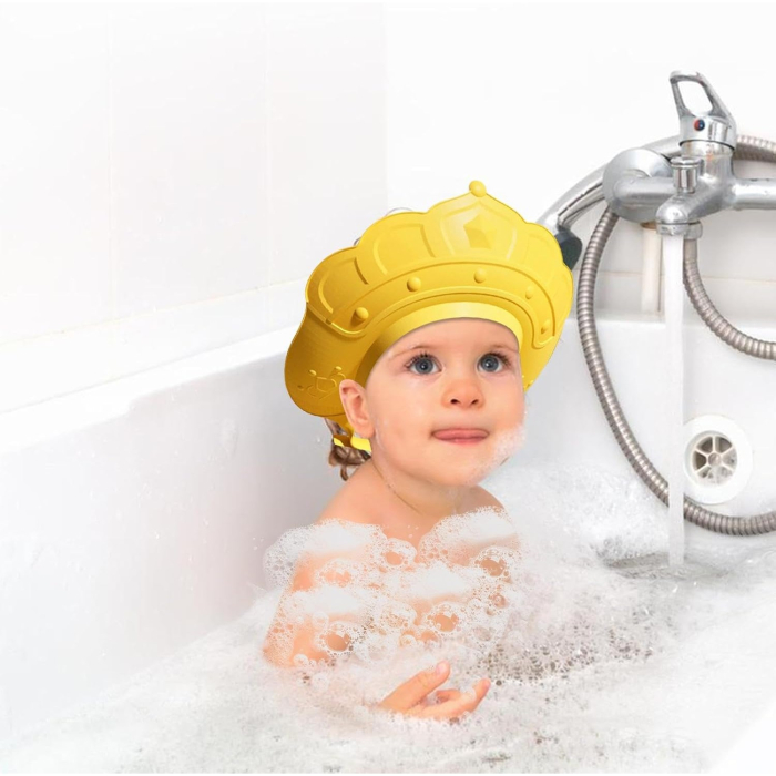 Casca de Dus, , Previne Scurgerea Apei si Samponului pe Fata, 0-12 Ani, Ajustabila, din TPE+PP, 20 x 23 cm, Model Coroana, Galben [5]