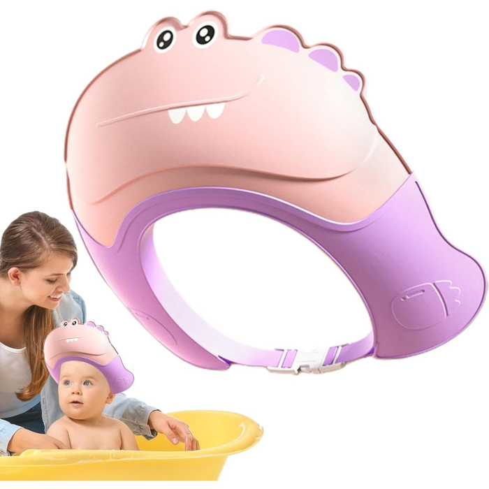 Casca de Dus, , Previne Scurgerea Apei si Samponului pe Fata, 0-12 Ani, Ajustabila, din TPE+PP, 20 x 23 cm, Model Crocodil, Roz/Mov [5]